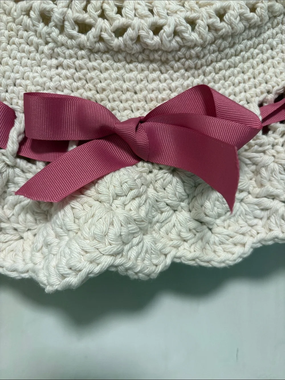Cream Crochet Sun Hat with Pink Ribbon